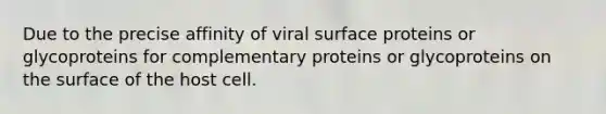 Due to the precise affinity of viral surface proteins or glycoproteins for complementary proteins or glycoproteins on the surface of the host cell.