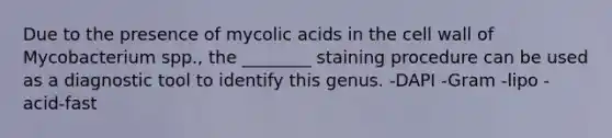 Due to the presence of mycolic acids in the cell wall of Mycobacterium spp., the ________ staining procedure can be used as a diagnostic tool to identify this genus. -DAPI -Gram -lipo -acid-fast