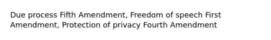 Due process Fifth Amendment, Freedom of speech First Amendment, Protection of privacy Fourth Amendment