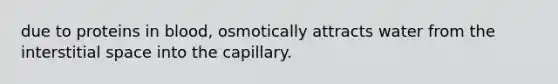 due to proteins in blood, osmotically attracts water from the interstitial space into the capillary.