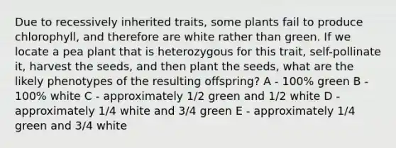 Due to recessively inherited traits, some plants fail to produce chlorophyll, and therefore are white rather than green. If we locate a pea plant that is heterozygous for this trait, self-pollinate it, harvest the seeds, and then plant the seeds, what are the likely phenotypes of the resulting offspring? A - 100% green B - 100% white C - approximately 1/2 green and 1/2 white D - approximately 1/4 white and 3/4 green E - approximately 1/4 green and 3/4 white