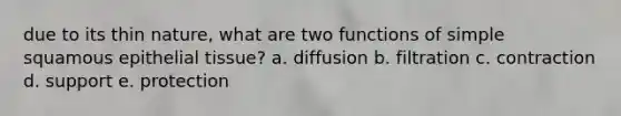 due to its thin nature, what are two functions of simple squamous epithelial tissue? a. diffusion b. filtration c. contraction d. support e. protection