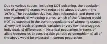 Due to various causes, including DDT poisoning, the population size of whooping cranes was reduced to about a dozen in the 1970's. The population size has since rebounded, and there are now hundreds of whooping cranes. Which of the following would NOT be expected in the current populations of whooping cranes? a) very low levels of genetic variation b) very few heterozygous individuals c) differences in historical populations in terms of allele frequencies d) considerable genetic polymorphism e) all of the above would be expected in current populations