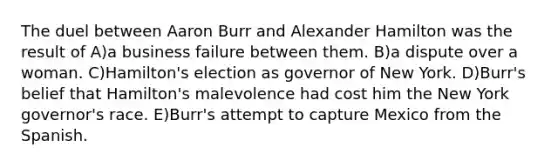 The duel between Aaron Burr and Alexander Hamilton was the result of A)a business failure between them. B)a dispute over a woman. C)Hamilton's election as governor of New York. D)Burr's belief that Hamilton's malevolence had cost him the New York governor's race. E)Burr's attempt to capture Mexico from the Spanish.