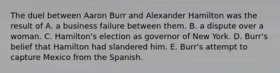 The duel between Aaron Burr and Alexander Hamilton was the result of A. a business failure between them. B. a dispute over a woman. C. Hamilton's election as governor of New York. D. Burr's belief that Hamilton had slandered him. E. Burr's attempt to capture Mexico from the Spanish.