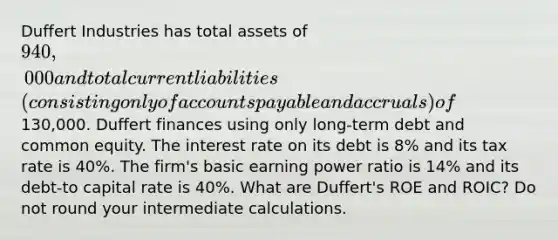 Duffert Industries has total assets of 940,000 and total current liabilities (consisting only of <a href='https://www.questionai.com/knowledge/kWc3IVgYEK-accounts-payable' class='anchor-knowledge'>accounts payable</a> and accruals) of130,000. Duffert finances using only long-term debt and common equity. The interest rate on its debt is 8% and its tax rate is 40%. The firm's basic earning power ratio is 14% and its debt-to capital rate is 40%. What are Duffert's ROE and ROIC? Do not round your intermediate calculations.