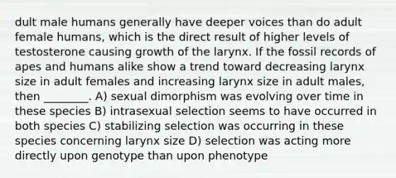 dult male humans generally have deeper voices than do adult female humans, which is the direct result of higher levels of testosterone causing growth of the larynx. If the fossil records of apes and humans alike show a trend toward decreasing larynx size in adult females and increasing larynx size in adult males, then ________. A) sexual dimorphism was evolving over time in these species B) intrasexual selection seems to have occurred in both species C) stabilizing selection was occurring in these species concerning larynx size D) selection was acting more directly upon genotype than upon phenotype