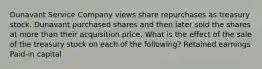 Dunavant Service Company views share repurchases as treasury stock. Dunavant purchased shares and then later sold the shares at more than their acquisition price. What is the effect of the sale of the treasury stock on each of the following? Retained earnings Paid-in capital