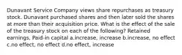 Dunavant Service Company views share repurchases as treasury stock. Dunavant purchased shares and then later sold the shares at more than their acquisition price. What is the effect of the sale of the treasury stock on each of the following? Retained earnings, Paid-in capital a.increase, increase b.increase, no effect c.no effect, no effect d.no effect, increase