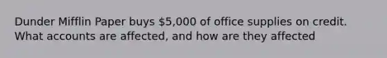 Dunder Mifflin Paper buys 5,000 of office supplies on credit. What accounts are affected, and how are they affected