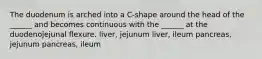 The duodenum is arched into a C-shape around the head of the ______ and becomes continuous with the ______ at the duodenojejunal flexure. liver, jejunum liver, ileum pancreas, jejunum pancreas, ileum