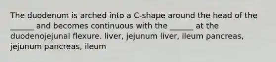 The duodenum is arched into a C-shape around the head of the ______ and becomes continuous with the ______ at the duodenojejunal flexure. liver, jejunum liver, ileum pancreas, jejunum pancreas, ileum