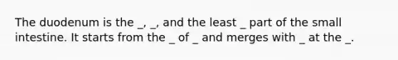 The duodenum is the _, _, and the least _ part of the small intestine. It starts from the _ of _ and merges with _ at the _.