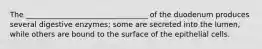 The _________________________________ of the duodenum produces several digestive enzymes; some are secreted into the lumen, while others are bound to the surface of the epithelial cells.