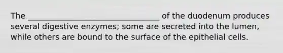 The _________________________________ of the duodenum produces several digestive enzymes; some are secreted into the lumen, while others are bound to the surface of the epithelial cells.
