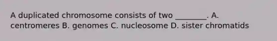 A duplicated chromosome consists of two ________. A. centromeres B. genomes C. nucleosome D. sister chromatids