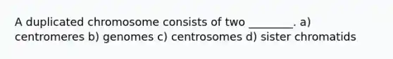 A duplicated chromosome consists of two ________. a) centromeres b) genomes c) centrosomes d) sister chromatids