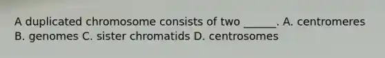 A duplicated chromosome consists of two ______. A. centromeres B. genomes C. sister chromatids D. centrosomes