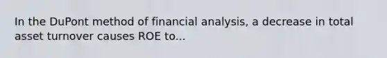 In the DuPont method of financial analysis, a decrease in total asset turnover causes ROE to...