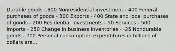 Durable goods - 800 Nonresidential investment - 400 Federal purchases of goods - 300 Exports - 400 State and local purchases of goods - 200 Residential investments - 50 Services - 500 Imports - 250 Change in business inventories - -25 Nondurable goods - 700 Personal consumption expenditures in billions of dollars are...