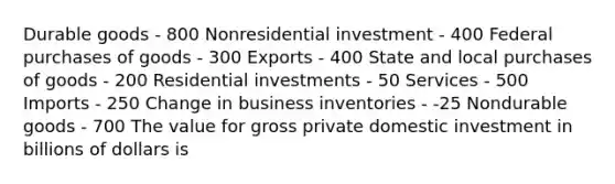 Durable goods - 800 Nonresidential investment - 400 Federal purchases of goods - 300 Exports - 400 State and local purchases of goods - 200 Residential investments - 50 Services - 500 Imports - 250 Change in business inventories - -25 Nondurable goods - 700 The value for gross private domestic investment in billions of dollars is