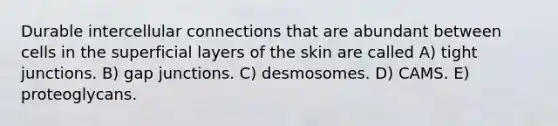 Durable intercellular connections that are abundant between cells in the superficial layers of the skin are called A) tight junctions. B) gap junctions. C) desmosomes. D) CAMS. E) proteoglycans.