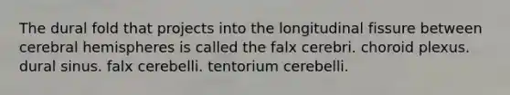 The dural fold that projects into the longitudinal fissure between cerebral hemispheres is called the falx cerebri. choroid plexus. dural sinus. falx cerebelli. tentorium cerebelli.