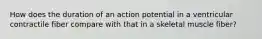 How does the duration of an action potential in a ventricular contractile fiber compare with that in a skeletal muscle fiber?