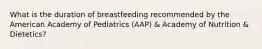 What is the duration of breastfeeding recommended by the American Academy of Pediatrics (AAP) & Academy of Nutrition & Dietetics?