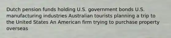 Dutch pension funds holding U.S. government bonds U.S. manufacturing industries Australian tourists planning a trip to the United States An American firm trying to purchase property overseas