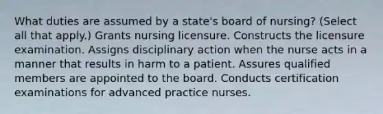 What duties are assumed by a state's board of nursing? (Select all that apply.) Grants nursing licensure. Constructs the licensure examination. Assigns disciplinary action when the nurse acts in a manner that results in harm to a patient. Assures qualified members are appointed to the board. Conducts certification examinations for advanced practice nurses.