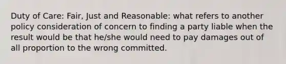 Duty of Care: Fair, Just and Reasonable: what refers to another policy consideration of concern to finding a party liable when the result would be that he/she would need to pay damages out of all proportion to the wrong committed.