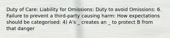 Duty of Care: Liability for Omissions: Duty to avoid Omissions: 6. Failure to prevent a third-party causing harm: How expectations should be categorised: 4) A's _ creates an _ to protect B from that danger