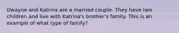 Dwayne and Katrina are a married couple. They have two children and live with Katrina's brother's family. This is an example of what type of family?