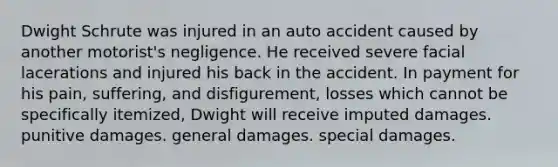 Dwight Schrute was injured in an auto accident caused by another motorist's negligence. He received severe facial lacerations and injured his back in the accident. In payment for his pain, suffering, and disfigurement, losses which cannot be specifically itemized, Dwight will receive imputed damages. punitive damages. general damages. special damages.