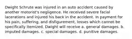 Dwight Schrute was injured in an auto accident caused by another motorist's negligence. He received severe facial lacerations and injured his back in the accident. In payment for his pain, suffering, and disfigurement, losses which cannot be specifically itemized, Dwight will receive a. general damages. b. imputed damages. c. special damages. d. punitive damages.