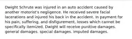 Dwight Schrute was injured in an auto accident caused by another motorist's negligence. He received severe facial lacerations and injured his back in the accident. In payment for his pain, suffering, and disfigurement, losses which cannot be specifically itemized, Dwight will receive punitive damages. general damages. special damages. imputed damages.