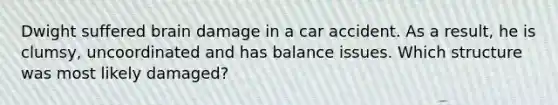 Dwight suffered brain damage in a car accident. As a result, he is clumsy, uncoordinated and has balance issues. Which structure was most likely damaged?