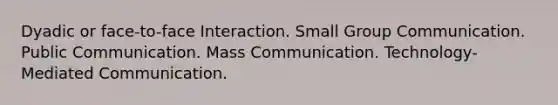 Dyadic or face-to-face Interaction. Small Group Communication. Public Communication. Mass Communication. Technology-Mediated Communication.