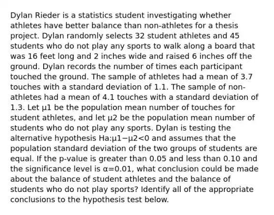 Dylan Rieder is a statistics student investigating whether athletes have better balance than non-athletes for a thesis project. Dylan randomly selects 32 student athletes and 45 students who do not play any sports to walk along a board that was 16 feet long and 2 inches wide and raised 6 inches off the ground. Dylan records the number of times each participant touched the ground. The sample of athletes had a mean of 3.7 touches with a standard deviation of 1.1. The sample of non-athletes had a mean of 4.1 touches with a standard deviation of 1.3. Let μ1 be the population mean number of touches for student athletes, and let μ2 be the population mean number of students who do not play any sports. Dylan is testing the alternative hypothesis Ha:μ1−μ2<0 and assumes that the population standard deviation of the two groups of students are equal. If the p-value is greater than 0.05 and less than 0.10 and the significance level is α=0.01, what conclusion could be made about the balance of student athletes and the balance of students who do not play sports? Identify all of the appropriate conclusions to the hypothesis test below.