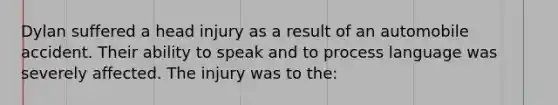 Dylan suffered a head injury as a result of an automobile accident. Their ability to speak and to process language was severely affected. The injury was to the: