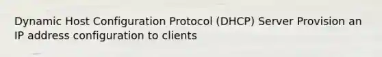 Dynamic Host Configuration Protocol (DHCP) Server Provision an IP address configuration to clients