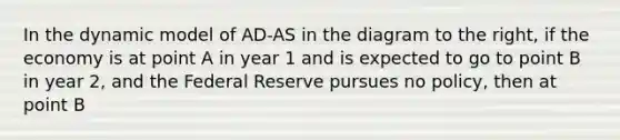 In the dynamic model of AD-AS in the diagram to the​ right, if the economy is at point A in year 1 and is expected to go to point B in year​ 2, and the Federal Reserve pursues no​ policy, then at point B