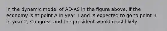 In the dynamic model of AD-AS in the figure above, if the economy is at point A in year 1 and is expected to go to point B in year 2, Congress and the president would most likely