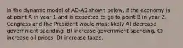 In the dynamic model of AD-AS shown below, if the economy is at point A in year 1 and is expected to go to point B in year 2, Congress and the President would most likely A) decrease government spending. B) increase government spending. C) increase oil prices. D) increase taxes.