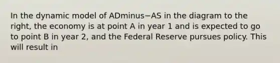 In the dynamic model of ADminus−AS in the diagram to the​ right, the economy is at point A in year 1 and is expected to go to point B in year​ 2, and the Federal Reserve pursues policy. This will result in