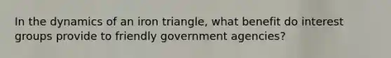 In the dynamics of an iron triangle, what benefit do interest groups provide to friendly government agencies?