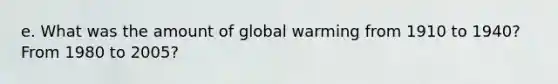 e. What was the amount of global warming from 1910 to 1940? From 1980 to 2005?