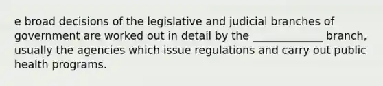 e broad decisions of the legislative and judicial branches of government are worked out in detail by the _____________ branch, usually the agencies which issue regulations and carry out public health programs.