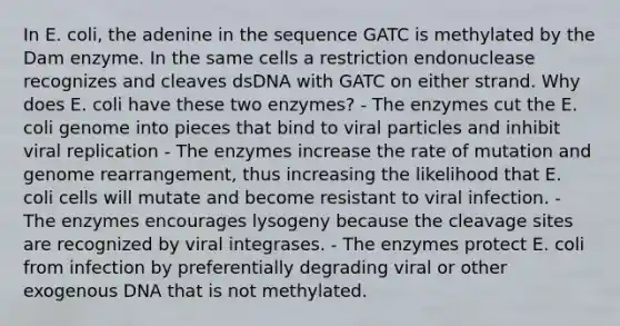 In E. coli, the adenine in the sequence GATC is methylated by the Dam enzyme. In the same cells a restriction endonuclease recognizes and cleaves dsDNA with GATC on either strand. Why does E. coli have these two enzymes? - The enzymes cut the E. coli genome into pieces that bind to viral particles and inhibit viral replication - The enzymes increase the rate of mutation and genome rearrangement, thus increasing the likelihood that E. coli cells will mutate and become resistant to viral infection. - The enzymes encourages lysogeny because the cleavage sites are recognized by viral integrases. - The enzymes protect E. coli from infection by preferentially degrading viral or other exogenous DNA that is not methylated.